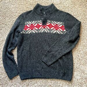 Oscar de la Renta Mens Large Gray Red Fair Isle Pullover Sweater Knit Designer
